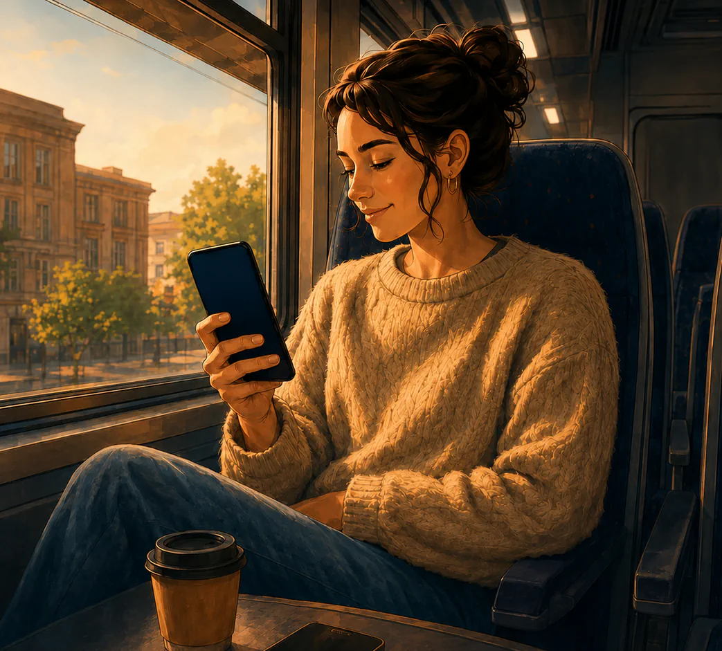 Woman on a train using her smartphone to view available MegaCash offers.